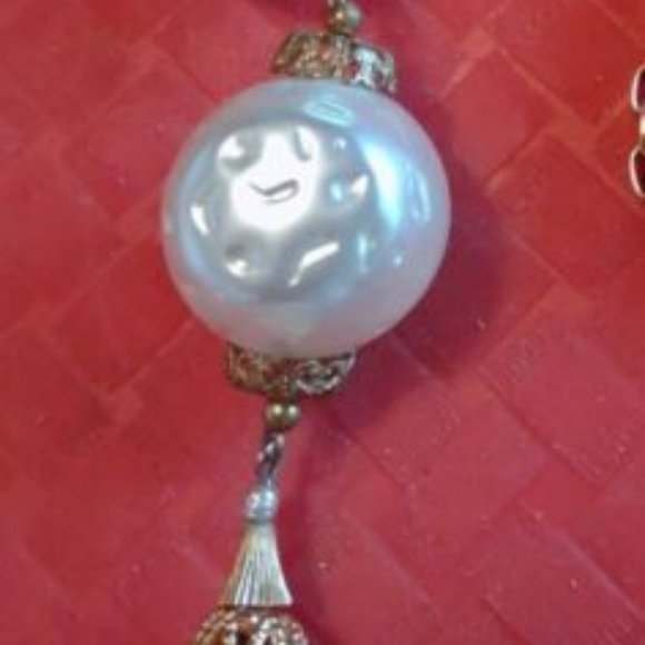 VTG Goldtone Chunky Box Link 20" Necklace Faux Pearl, Filigree Charm w Earrings - Picture 5 of 7